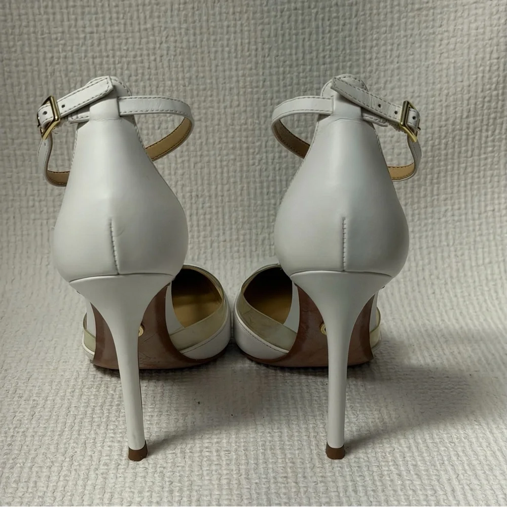 Michael Kors White T-Strap Pointed Toe Stilettos with Clear Panels